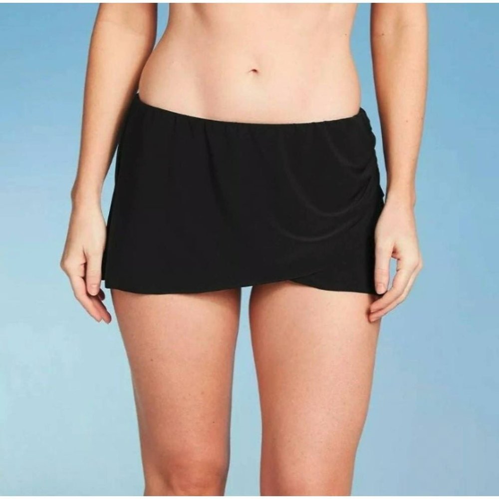 NWT Aqua Green Swim Bottom Full Coverage Shirred Wrap Skirt Black - XL